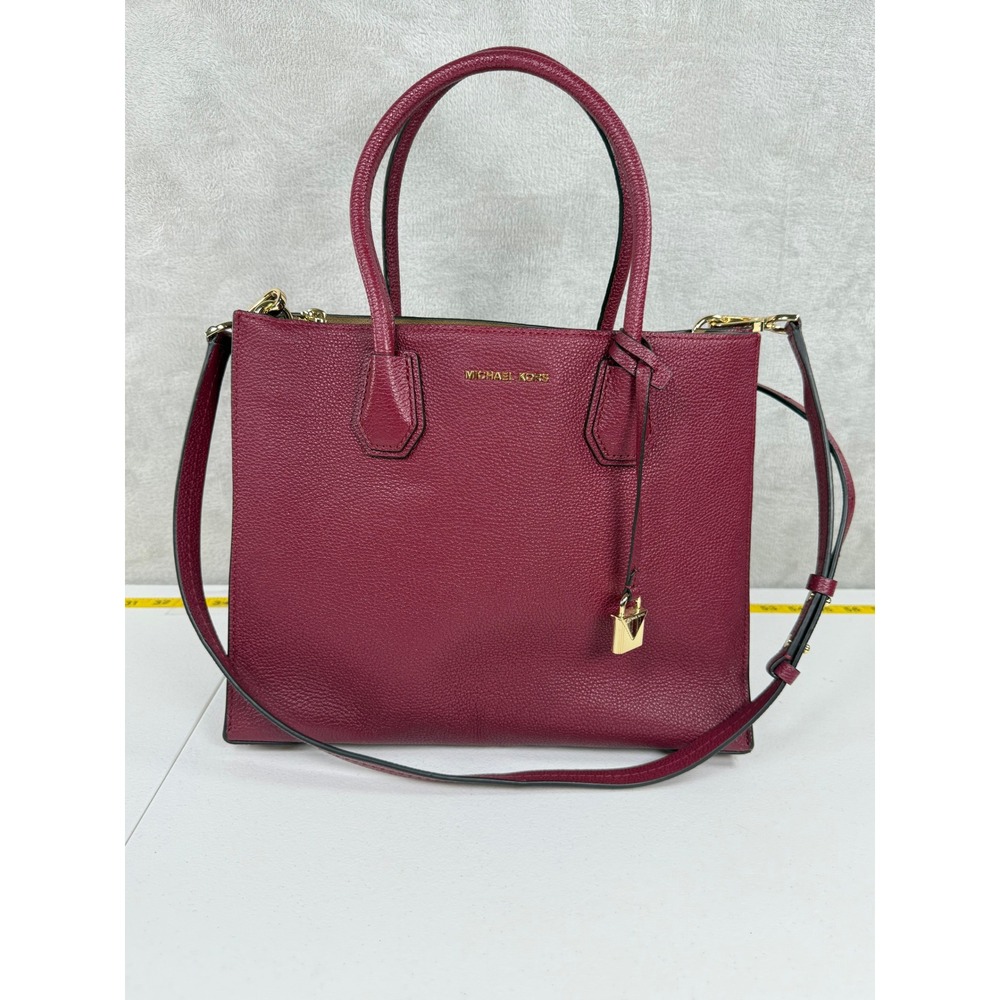 Michael Kors Large Mercer Satchel Handbag Pebbled Leather Burgundy Preppy Chic